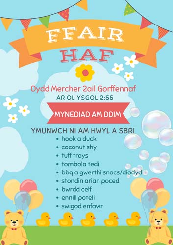 Poster ar gyfer ffair yr haf yn dangos baneri, blodau, hwyaid a swigod