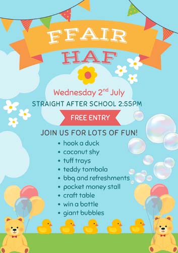 Poster for the summer fair showing a bunting, flowers, ducks and bubbles