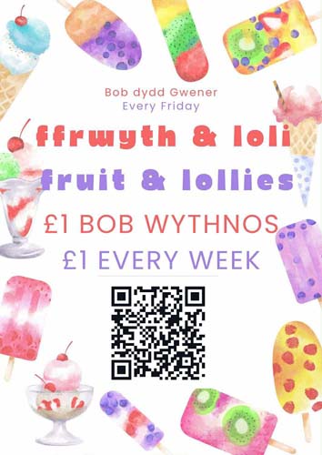 Poster ar gyfer ffrwythau a lolipops yn dangos eiconau lolipops